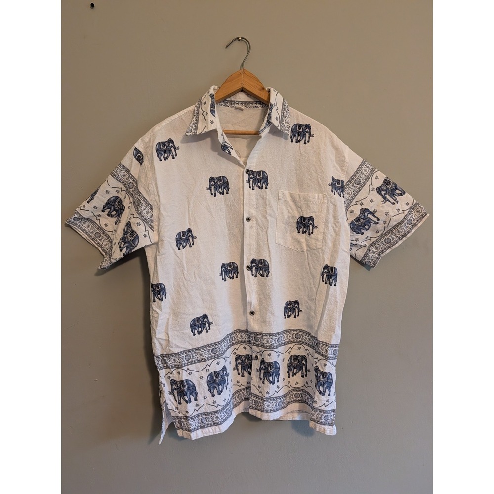Thai Elephant Print Shirt Men's XXL Short‎ Sleeve Indian Resort Vacation Travel
